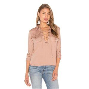 Revolve L'Academie Safari Blouse Camel Lace Up Tie Front Satin Size XS